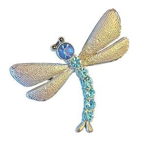 Dragonfly Pin Brooch Pendant Blue Sparkly Crystals Silver Tone Jewelry BEST